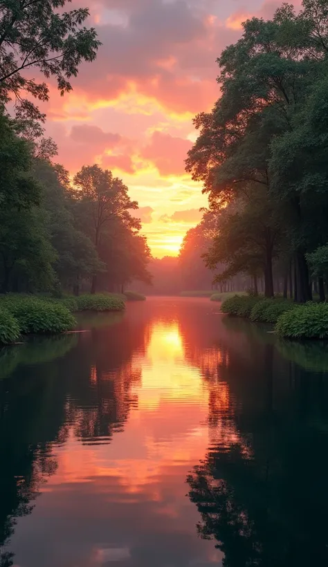 A lake in the park with the reflection of a beautiful sunset without people. 