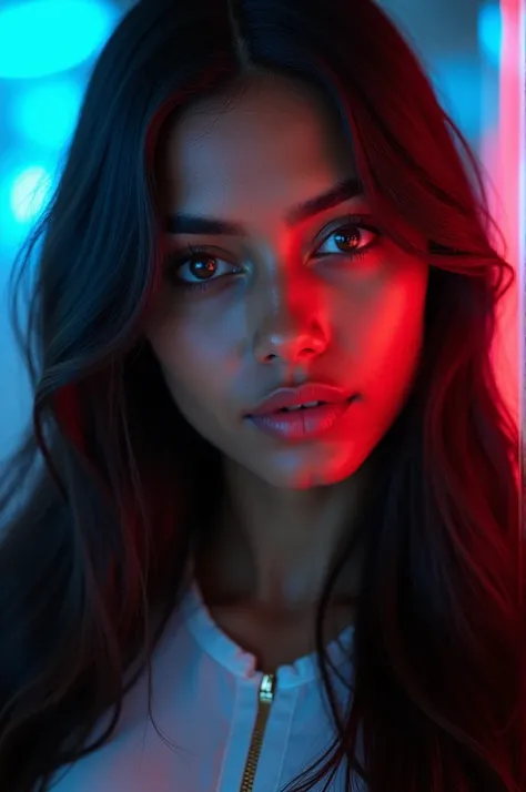 A confident-looking indian with long flowing hair, looking at viewer,hazel eyes, cyber background blue and red light,  perfect composition, hyperrealistic, super detailed, 8k, high quality, trending art, trending on artstation, sharp focus, studio photo, i...