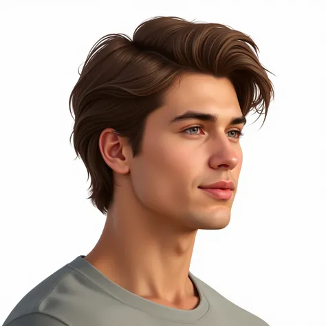 A side profile of a 20-year-old male with light brown skin, portrayed in a realistic style with only a slight illustrated effect. His hair is slightly long and styled in loose, swept-back waves, giving a natural yet stylish look. The facial features are yo...