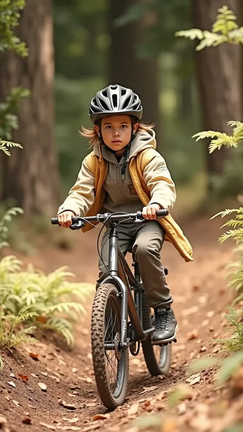 a bicycle journey through a lush forest, 1boy riding a bicycle, detailed facial features, detailed clothing, detailed background, (best quality,4k,8k,highres,masterpiece:1.2),ultra-detailed,(realistic,photorealistic,photo-realistic:1.37),HDR,UHD,studio lig...