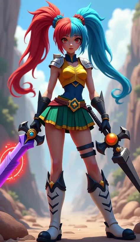 An animated woman that is 6ft tall that has purple hair with a red ponytail on the right and a blue ponytail on the left in her hair. Her left eye is red and her right eye is yellow. She wears a yellow and blue armored vest and wears a green armored skirt ...