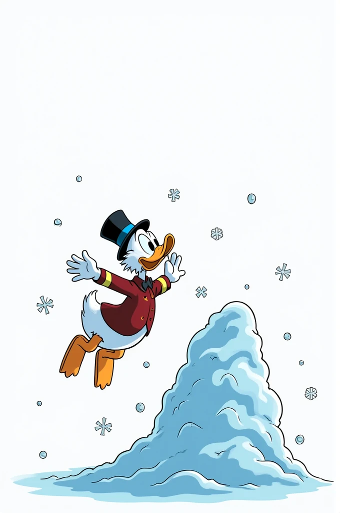 Drawing in the style of the cartoon Duck stories, drawn by Scrooge McDuck dives into blue snow instead of money, the background is white, blue snowflakes