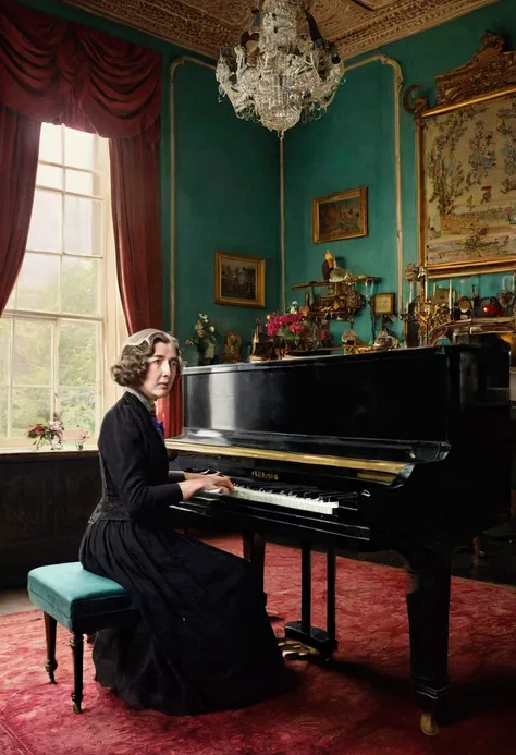 Young Agatha Christie plays the piano or violin in a beautiful Victorian room, perhaps surrounded by musical instruments.