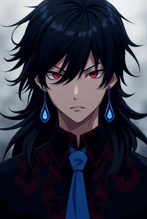 male anime character, red eyes, black hair, long blue hourglass tip earrings, blue, red and black tone clothes, male  