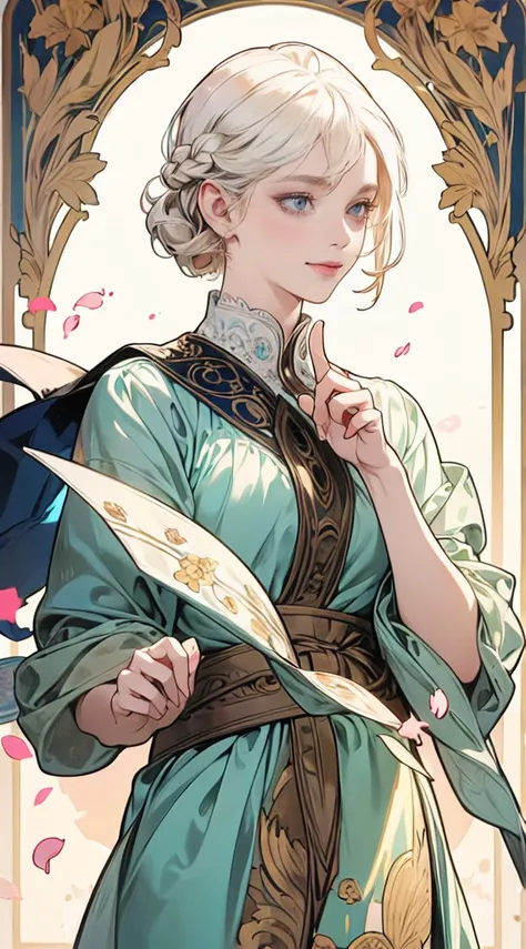 (masterpiece), Best Quality, Super detailed, Illustration, Detailed light, 非常に繊細で美しいヨーロッパの少女,  Deep Blue Eyes ,  smiles lightly, ( hand focus ), 怪しげなfortune tellerの部屋,  The Petals Dance, Great hands, Perfect hands, (the above),  asymmetrical bang:1.3,  Alt...