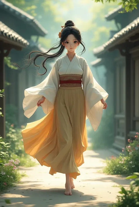 Middle Ages. Japan. A girl in a kimono walks barefoot on the ground. 1 girl,  High definition ,  Double tails,  big breasts,  Easy smile, anime, 