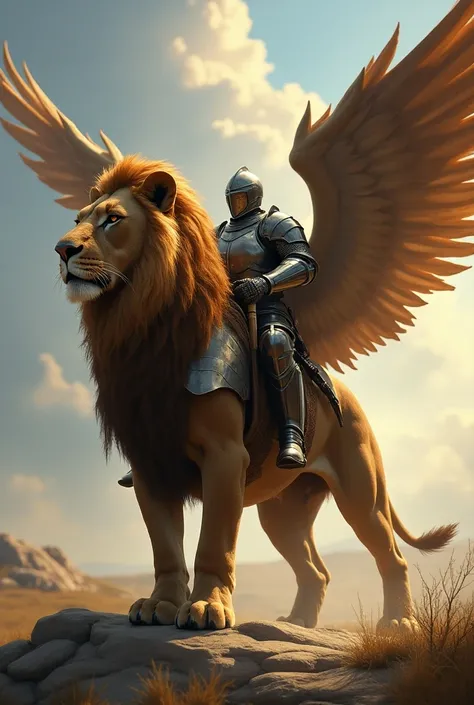 Winged lion, mounted by a medieval knight in armor