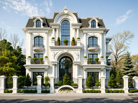 the image showcases a luxurious neoclassical residence characterized by:

- **facade:** predominantly white with opulent details...