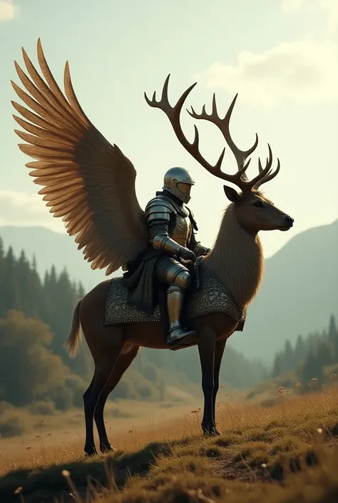 Winged Deer, mounted by a medieval knight in armor