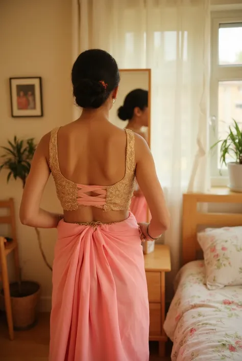 "Create an image of a 24-year-old Indian woman getting ready in her cozy, modest bedroom. She is standing near a mirror, adjusting the pleats of a bright, traditional sari. Her back is turned toward the camera, and her face is not visible. The sari is a so...