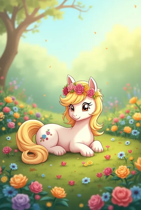 The pony is lying in a field of flowers, making a wreath 
