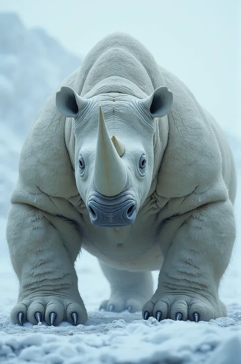 A powerful hybrid creature combining the features of a rhinoceros and a polar bear, standing in an arctic landscape. This creature has the massive body and white fur of a polar bear, with thick, rough skin around its chest and legs, resembling a rhinos arm...