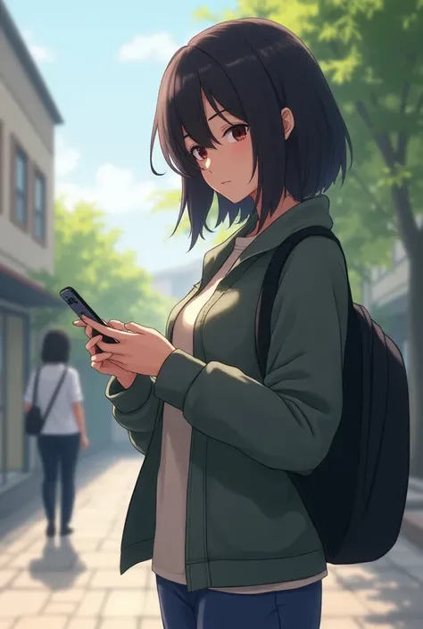 One person anime college women with haircut mooth Lob use jacket and short pan have use phone