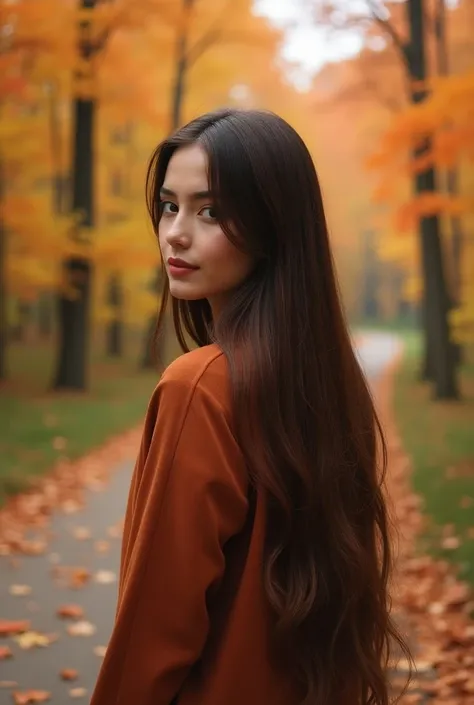  A young woman 24 years , brown long hair,  brown eyes, On an autumn trail , Unpainted ,  the body is on the photo, You only see the back of your head