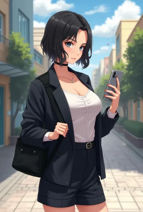 One person anime college women with haircut mooth Lob use jacket and short pan have use phone with more attractive 