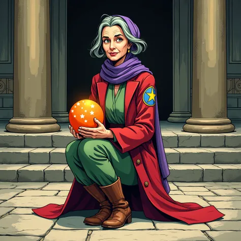 Elderly Woman Face **:  The character has a serene and wise expression .  Her eyes are small and gentle ,  with delicate wrinkles that suggest many years of experience . } She wears a purple scarf covering part of her green hair ,  that are visible on the ...