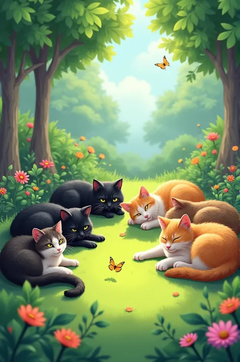 Seven cats are lying in the garden