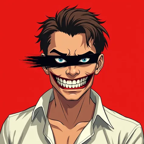 A stylized vector art portrait of a evil malevolent man, violent smile man ,brown hair blue Asian eyes , with a black and white face, partially obscured by a bold scar cross on head strip across his eyes and mouth. The background is a solid red. The figure...