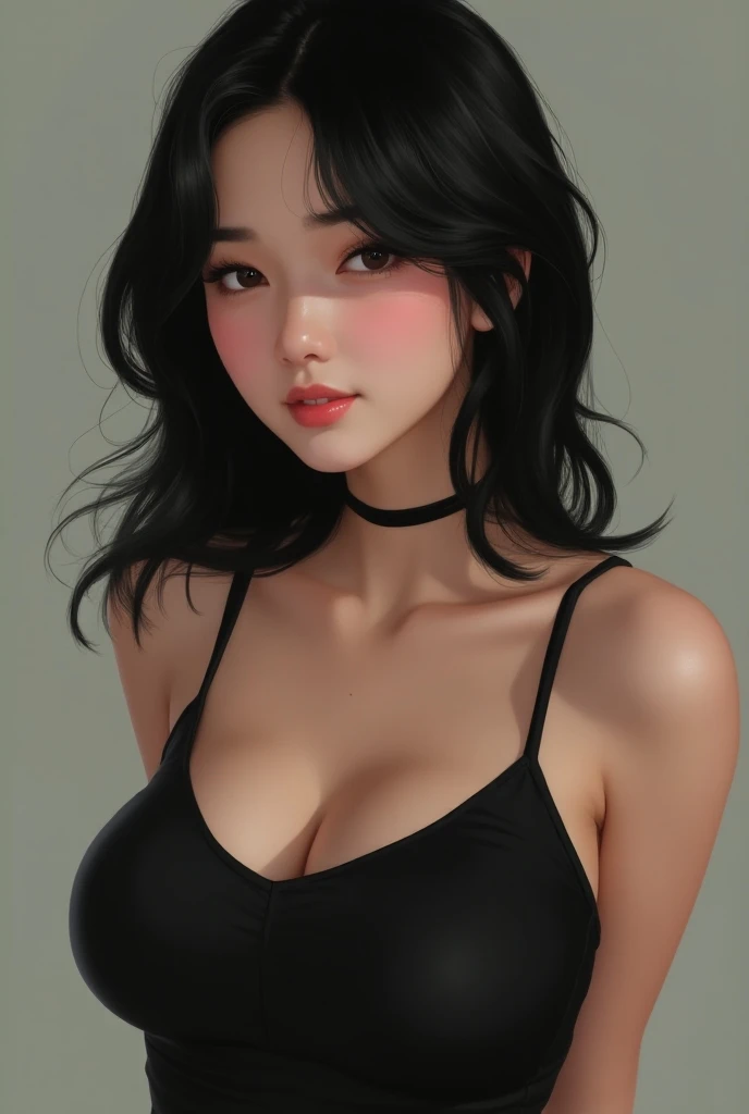 1girl, medium black hair, korean cute model, big breasts, facing left, in black top, hands at back, detailed black eyes, no sleeves, neckless top, no bra, smiling slightly, slight slip of top from up.