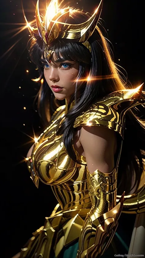 beautiful woman in saint seiya armor, huge breasts, intricate detailed armor, glowing energy aura, cinematic lighting, dark myst...