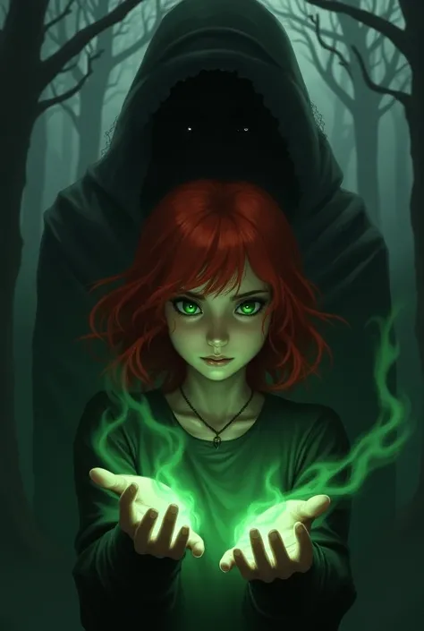 I want a cover with a 17-year-old red-haired girl with green eyes and behind her a dark background and a particular shadow that is a 17-year-old red-haired girl also behind a tree and a dark green power that comes out of her hands and her completely black ...