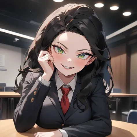 1female, school girl, ((alone)), ((smirking)), ((mischievous expression)), ((very long black hair)), green eyes, long eyelashes, large breasts, black blazers, black skirt, (in a meeting room), (half-body image:1.3), masterpiece, ultra HD, anime style, (my ...