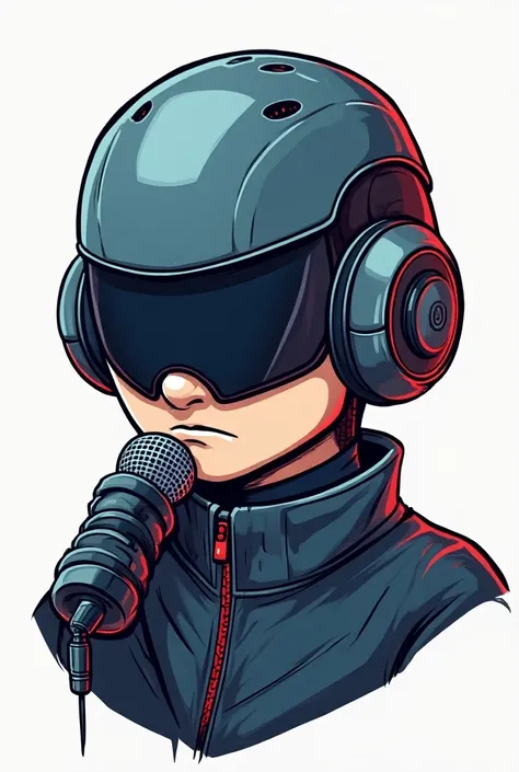 cartoon style,  make a logo like a man with a futuristic mechanical helmet, covering the eyes, podcast microphone