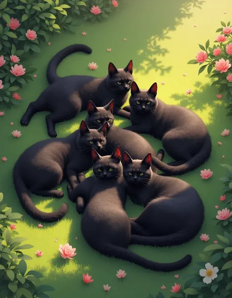 8 black colour cats are lying in the garden