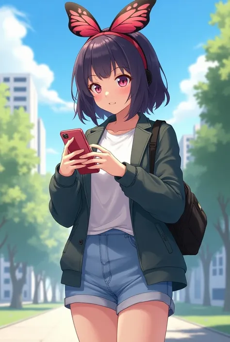 One figure anime college women with butterfly haircut use jacket and short pan have use phone with more attractive 