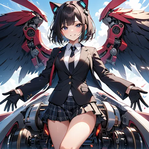 (Best Quality),(masterpiece),(Super detailed),( Perfect Anatomy),(Perfect hands),( 1 girl)、 beautiful dark eyes 、 bob cut、Black Hair、 smirking face、Small breasts、Cat ear headgear、Black blazer、 Black Normal Necktie 、 black plaid pleated skirt、Big Wings of t...