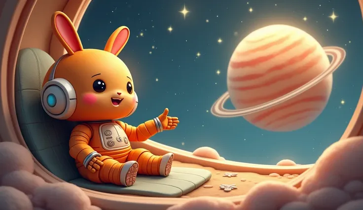 The ai orange cute wearing space suit is sitting in his spaceship and reached to the rabbit look like planet and the ai cute orange cat looks so happy and excited and in the sky stars are shining 