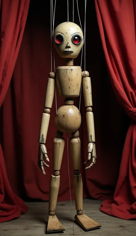 The Demonic Puppet ":  A wooden puppet with visible strings that seem to be manipulated by invisible hands,  red eyes that follow the observer and excessively elongated joints .  The setting is an old puppet stage with faded red curtains .