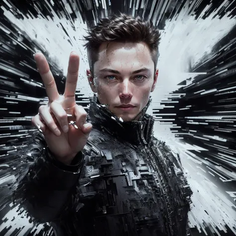 real portrait of Elon Musk,  short hair,  futuristic textured black jacket , minimum accessories,  standing pose with a peace gesture , looking at camera, soft skin,  indoor environment with an impressive abstract black and white background ,  dramatic lig...