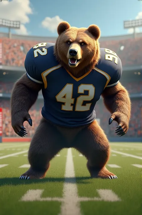 A bear in football uniform number 42 playing football