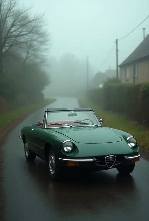 A photograph taken on Ektachrome 64, of a dark green classic Alfa Romeo Spider on foggy day in English old village road, full car view, in the 1980s, nostalgic feel, ambiguous spaces, candid, timeless elegance --ar 9:16 --v 6.0