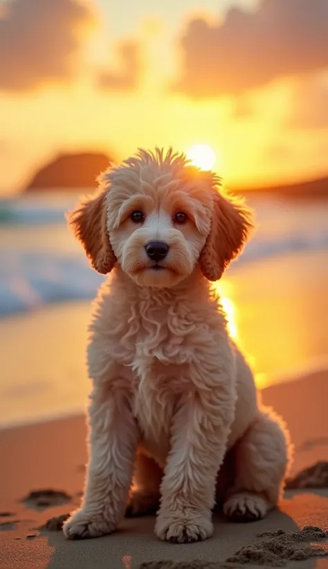 POODLE PUPPY POSING LOOKING AT THE FRONT AND IN THE BACKGROUND BEACH AND SUNSET YELLOW AND ORANGE TONES REALISTIC PHOTO STYLE
