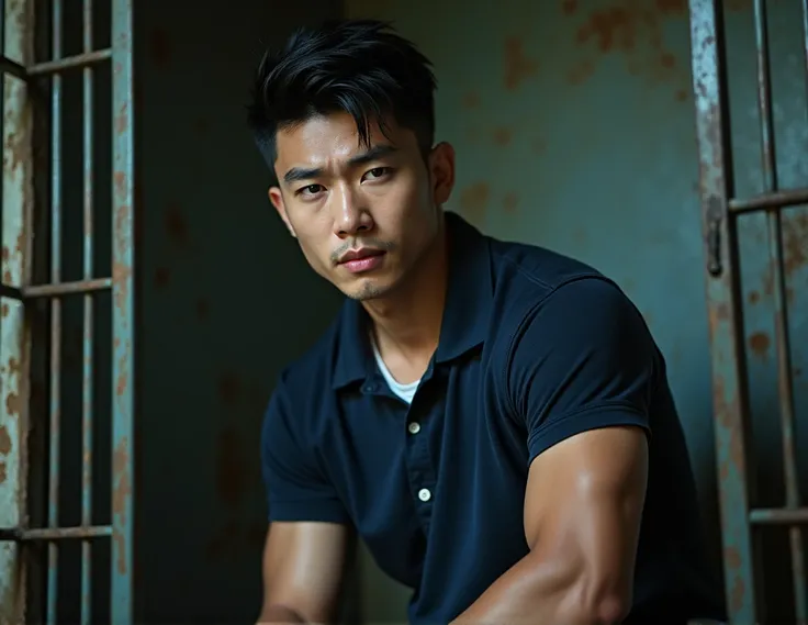  Color balance, very realistic, shoot, Black hair, short hair Cropped Cut , (, a handsome young Korean man, 30 years old, with big eyes, cute, tall, muscular chest, bulging arms, bodybuilder figure) (Slim eyes 1 ： 3 full body photos. In a dog cage, a tight...