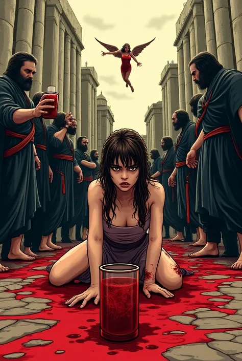  A girl being martyred by  "Moors" And with a lot of blood flowing on her ,  around there are buildings as tall as pine trees , while God sees her from heaven and angels collect her blood with glasses

illustrate it like a manga like for example "blue lock...