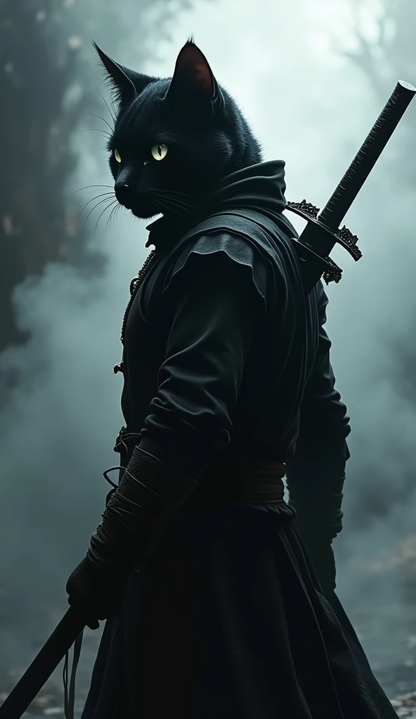 Cat ninja warrior, black color, sword in the back, kung fu, smoke background,