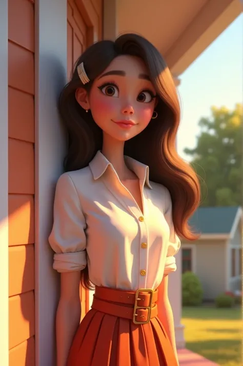 A 3D Pixar style she wears a very detailed white blouse with a skirt she wears a belt on her skirt she has long hair and a young and beautiful face she wears an accessory in her hair she is leaning against a porch the porch is well illuminated with light t...