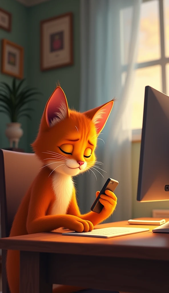 orange adult cat in Pixar-Disney style, sitting at an office table in the bedroom distracted with the cell phone in his hand while the kitten looking at him crying at him with great sadness wanting attention sitting on his bed to sleep