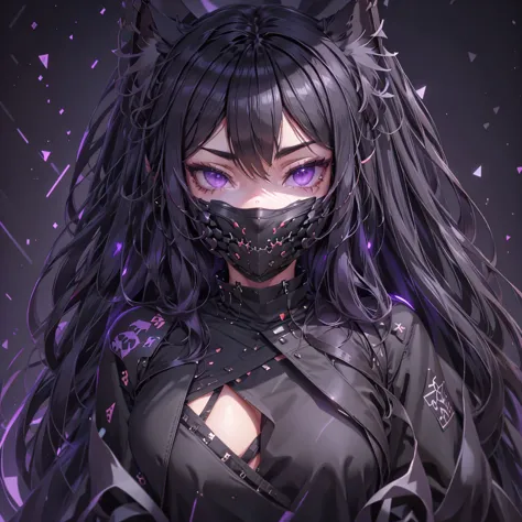 (yukishido), 1girl, fox ears, cat ears, (gray eyes), beautiful long hair, (wearing black oni mask with sharp fangs), dataviz sty...