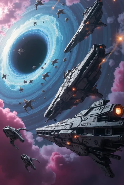 Make an image of three futuristic extremely big space battleship with space fighters coming out the hangars surrounded by a big black hole and colored gas clouds