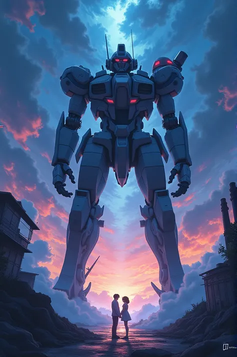 Generate an intricate, mind bending anime universe, morphed from the unique style of Hajime Sarayama, Makota shinkai, and Macoto Takahashi, juxtaposing element of military mecha robots, ethereal landscapes and mesmerising visual negatives of tragic romance...