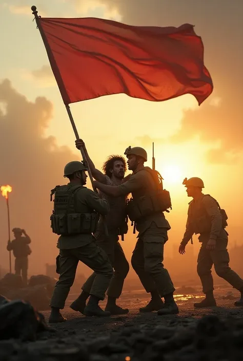  Rescuing a Lost Soldier,  using special war effects, The dawn is coming ,  raising flag with red and orange gradient design
