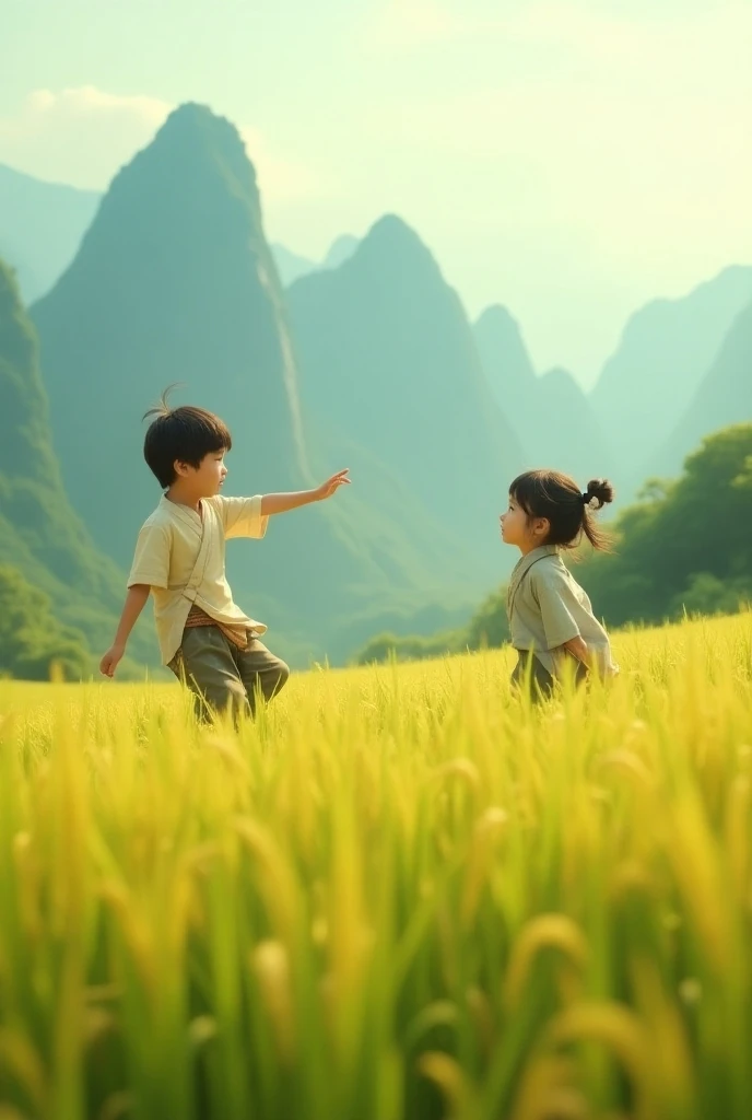 This boy is playing in the rice field while dancing. There is a girl who is fascinated by seeing him.