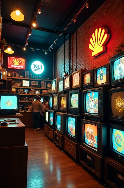 TV store with TVs from the 60s to the 00s with logos on the screen