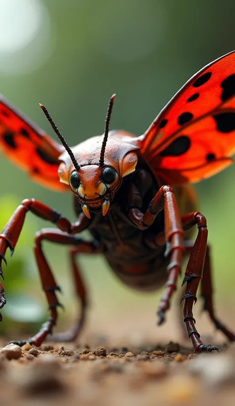 Here is the prompt in English:

Ultra-realistic close-up of a hybrid creature blending characteristics of a ladybug and a cockroach standing in a fierce defensive stance on a natural ground like a dirt path or leafy ground this creature has the iconic red ...