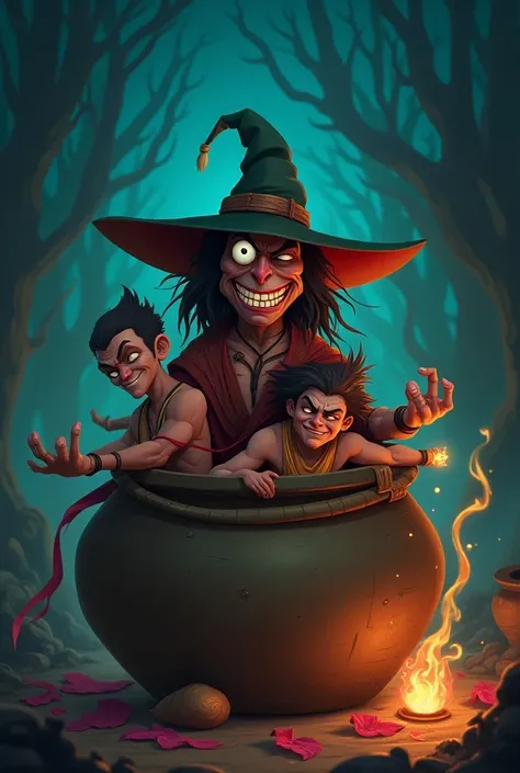 One little scary witch (left eye demage)was doing her work  ,Brahmin (with dhoti &choti) and  his son was in big contener to hide from witch cartoon animated image