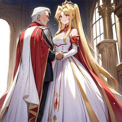 the woman who is the queen of the kingdom is a beautiful blonde fate testarossa, wears a gorgeous and charming dress from the ki...